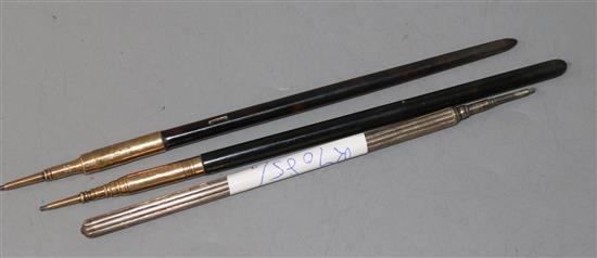 Two Victorian gold mounted J.C. Vickery pencils with tortoiseshell handles and a white metal pencil